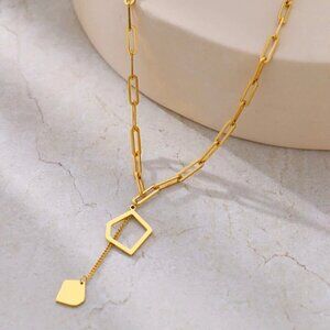 NWT Geometric Pendant Lariat Y Necklace 14K Gold Plated Minimalist Choker 16”